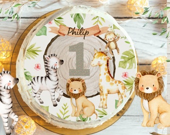 Cake topper fondant anniversaire enfant sucre photo fille garçon lion éléphant jungle