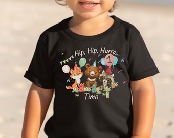 Camiseta cumpleaños camisa personalizada cumpleaños niño niña bosque animales zorro oso fiesta animales salvaje uno