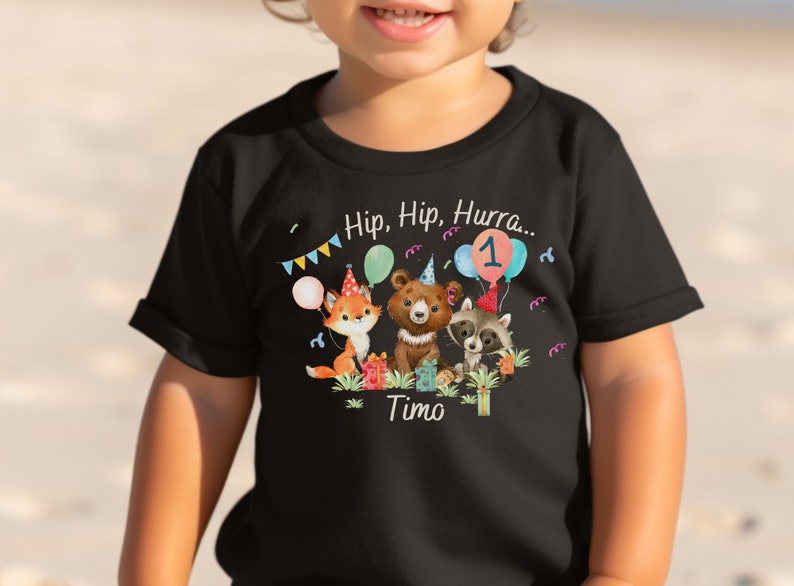 Camiseta cumpleaños camisa personalizada cumpleaños niño niña bosque animales zorro oso fiesta animales salvaje uno imagen 1