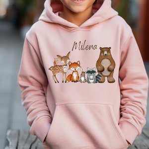 Hoodie personalisiert Kinderpullover Pulli Kapuzenpulli Waldtiere Fuchs Reh Waschbär Eule imagem 3