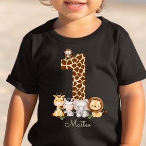 T-Shirt Anniversaire Chemise Personnalisé Anniversaire Enfant Garçon Fille Jungle Animaux Safari Girafe Zèbre Lion Wild One image 4