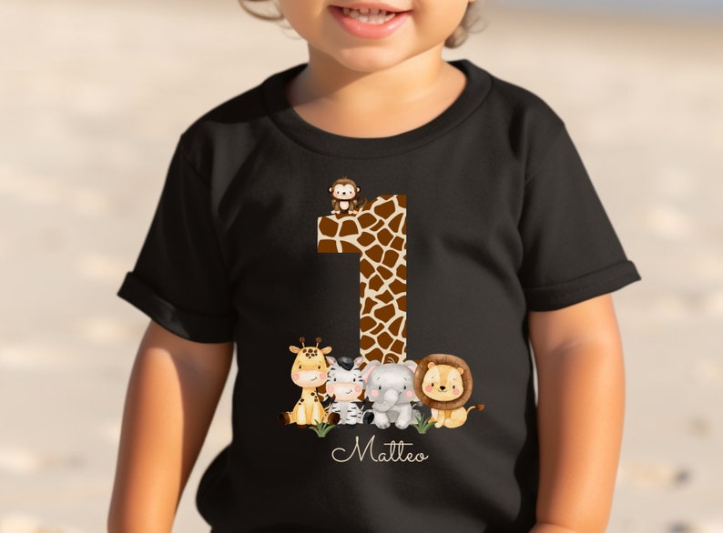 T-Shirt Anniversaire Chemise Personnalisé Anniversaire Enfant Garçon Fille Jungle Animaux Safari Girafe Zèbre Lion Wild One image 4