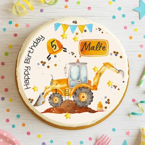 Decorazione per torta a forma di pala caricatrice – immagine personalizzata in pasta di zucchero – compleanno del bambino – cantiere e operaio edile – immagine in pasta di zucchero per bambini – rotonda 20 cm