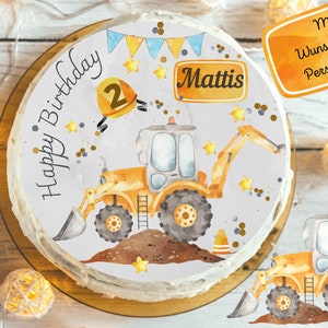 Cake topper fondant birthday child sugar image girl wheel loader excavator wheel loader construction site construction worker