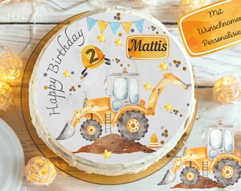 Cake topper fondant birthday child sugar image girl wheel loader excavator wheel loader construction site construction worker