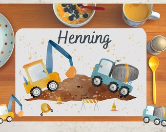 Placemat placemat with name children boy girl textile construction site excavator wheel loader construction vehicles