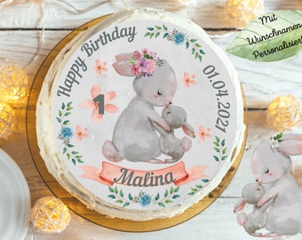 Tortenaufleger Fondant Geburtstag Kind Zuckerbild Mädchen Junge Hase Waldtiere Mama und Baby