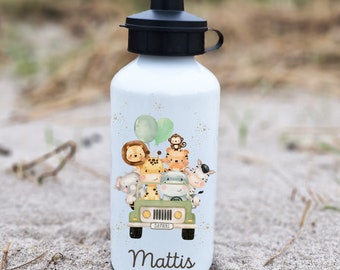 Trinkflasche Wasserflasche personalisiert mit Name Dschungeltiere Löwe Giraffe Wild One