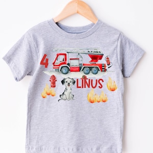 Iron-on image with desired name and age personalized fire brigade rescue vehicles fireman dog