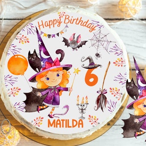 Decorazione per torta strega – personalizzata – immagine in zucchero per compleanno bambini – Halloween bambina bambino – decorazione in pasta di zucchero con nome
