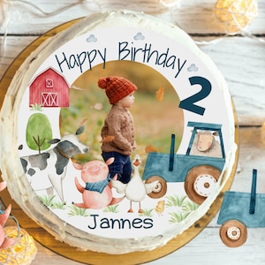 Cake topper with photo fondant birthday child sugar image girl boy farm farm animals tractor