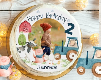 Cake topper with photo fondant birthday child sugar image girl boy farm farm animals tractor