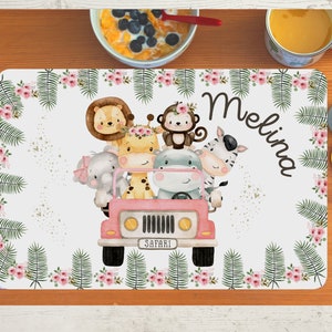 Set de table avec nom enfants garçon fille textile animaux de la jungle animaux de safari lion zèbre girafe