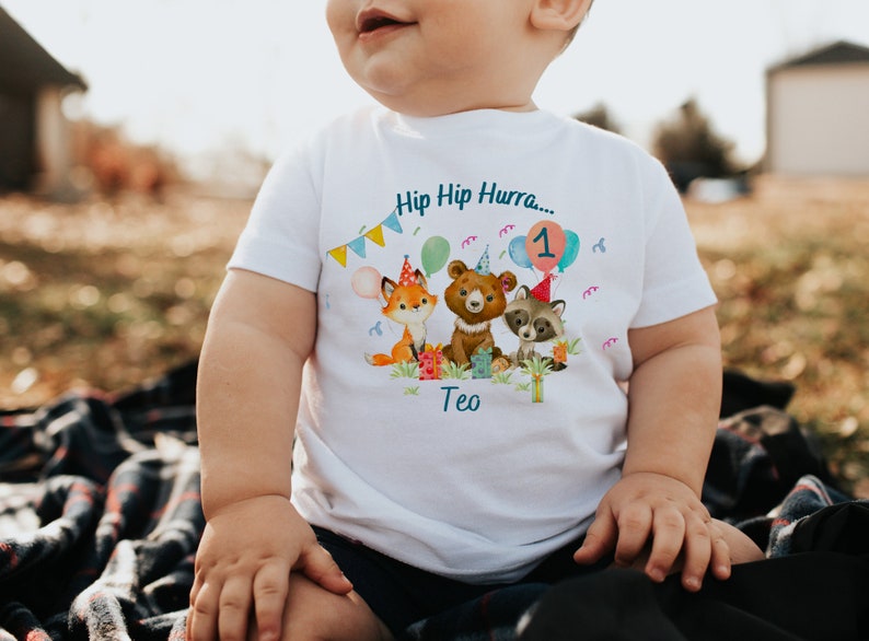 T-Shirt Birthday Shirt Personalized Birthday Child Boy Girl Forest Animals Fox Bear Party Animals Wild One image 4