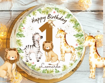 Cake topper fondant anniversaire enfant sucre image fille jungle jungle animaux lion girafe zèbre