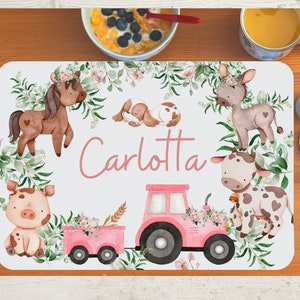 Set de table avec nom enfants garçon fille textile ville rue voitures tracteur ferme animaux de ferme cheval vache