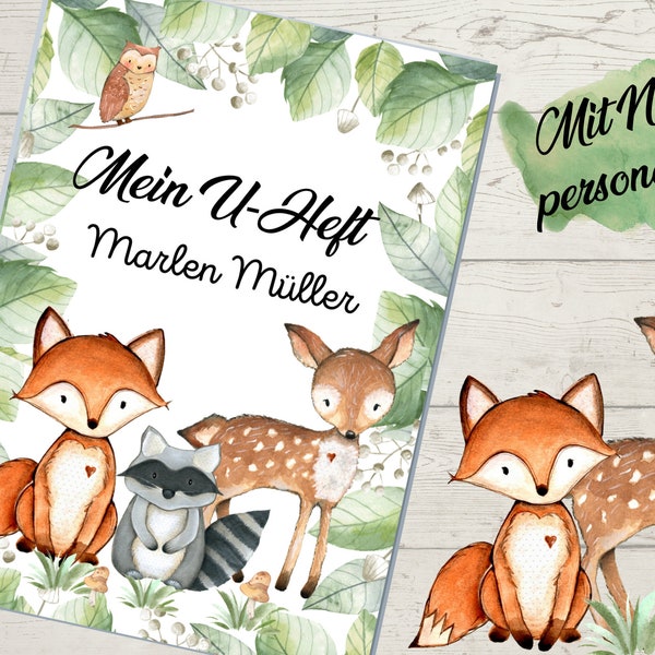 Protective cover for U-booklet examination booklet children fox forest animals deer owl with compartment for vaccination certificate and health insurance card