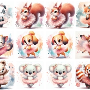 Peut inclure: Un ensemble de 12 illustrations numériques représentant différents animaux habillés en ballerines. Les animaux comprennent un panda, un chat, un chien, un cerf, un koala et un panda roux. Chaque animal porte un tutu rose et a un fond aquarelle.