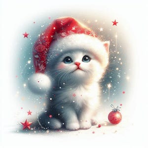 Peut inclure: Un chaton blanc et duveteux portant un bonnet de Père Noël rouge avec des bordures blanches et des motifs floraux. Le chaton a les yeux bleus et les joues roses. Une boule de Noël rouge et des étoiles rouges parsèment la scène festive.