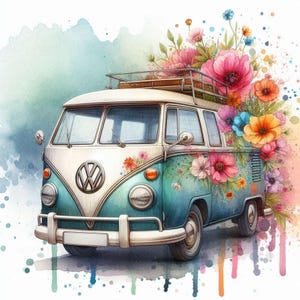 Peut inclure: Illustration à l'aquarelle d'un van Volkswagen vintage turquoise et blanc orné de fleurs colorées. Le van a un porte-bagages sur le toit et est décoré d'éléments floraux, créant un design fantaisiste et artistique.
