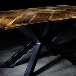 Handcrafted Black Walnut Herringbone Table with Modern Steel Base
