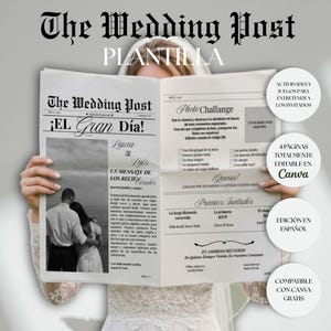 May include: A wedding newspaper template titled The Wedding Post with black text on a white background. The layout includes a photo of a couple, a photo challenge list, guest awards, and a memorial section. The design is fully editable in Canva.