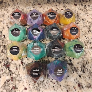 D&D D20 Soap with Hidden 7-Piece Dice Set | RPG Gamer Gift | Handmade Class-Scented Soap