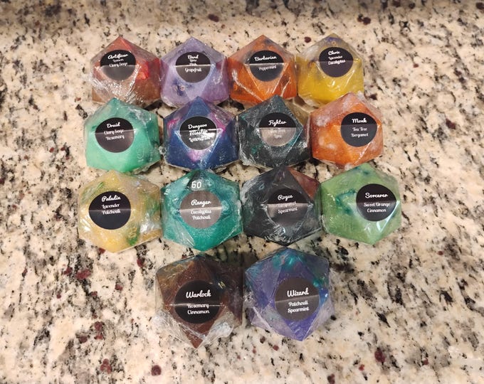 D20 Soap with Hidden 7-Piece Dice Set | Handmade RPG Class Soap | D&D Gamer Gift