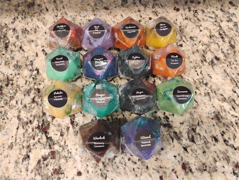 D&D D20 Soap with Hidden 7-Piece Dice Set | RPG Gamer Gift | Handmade Class-Scented Soap image 1
