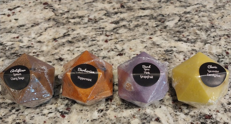 D&D D20 Soap with Hidden 7-Piece Dice Set | RPG Gamer Gift | Handmade Class-Scented Soap image 2