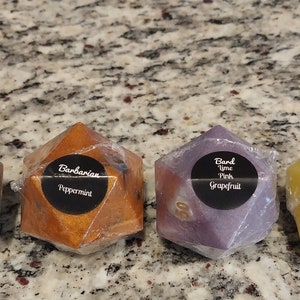 Gift set of (4) D&D d20 soaps with full set of (7) polyhedral dice inside! DND | dnd | Dungeons and Dragons