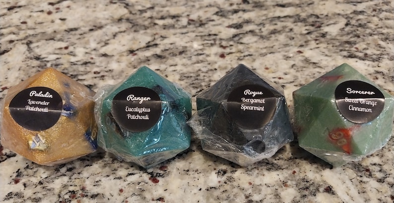 D&D D20 Soap with Hidden 7-Piece Dice Set | RPG Gamer Gift | Handmade Class-Scented Soap image 4