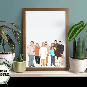 May include: A digital illustration of a family portrait with eight people, featuring a group of adults and children standing together. The illustration is in a simple, minimalist style with muted colors.