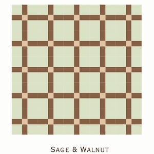 May include: A repeating grid pattern in sage green, brown, and tan. The design features the text "SAGE & WALNUT" at the bottom. This pattern is suitable for tiles or decorative surfaces, offering a classic aesthetic.