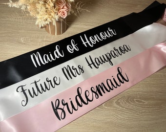 Bride Sash, Premium Sash, Satin Ribbon Sash, Bridal Party Sashes, Bridesmaid, Maid of Honour, Hens party