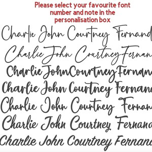 May include: Seven different font styles are shown in black text, each displaying the names "Charlie John Courtney Fernando". The font styles are numbered 1 through 7.