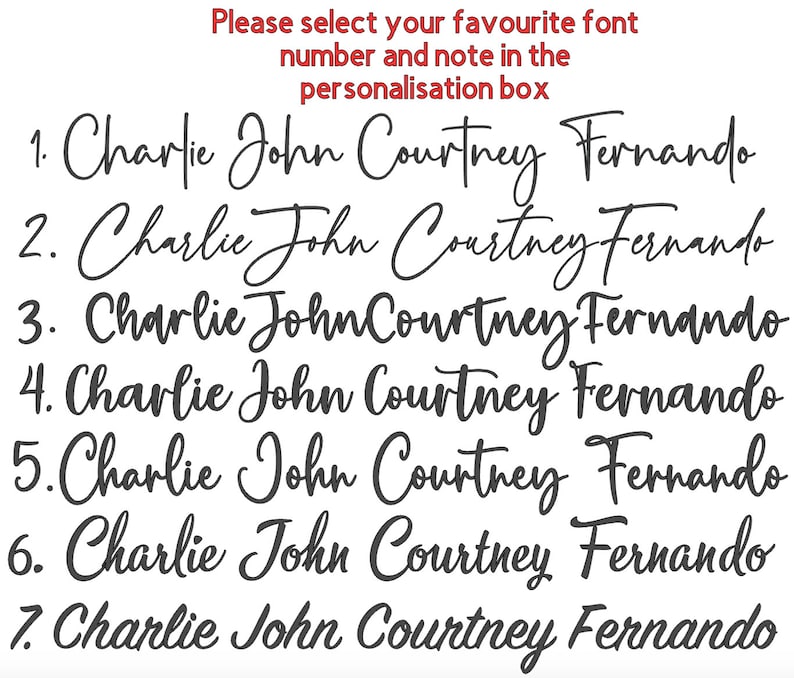 May include: Seven different font styles are shown in black text, each displaying the names "Charlie John Courtney Fernando". The font styles are numbered 1 through 7.