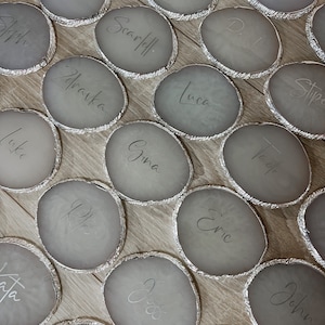 May include: A set of 18 gray agate coasters with silver trim. Each coaster has a name written on it in white script. The names include: Peter, Amanda, Stipe, Simi, Scarletl, Luca, Tade, Joph, Zdravka, Gina, Cric, John, Luke, ch, Sh, Tedd.
