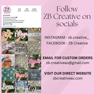 May include: A collage of photos showcasing custom-made wooden signs with various names, phrases, and designs. The signs are made with acrylic and wood and are perfect for weddings, events, and personalized gifts. The image also includes contact information for the business, ZB Creative, including their website and social media handles.