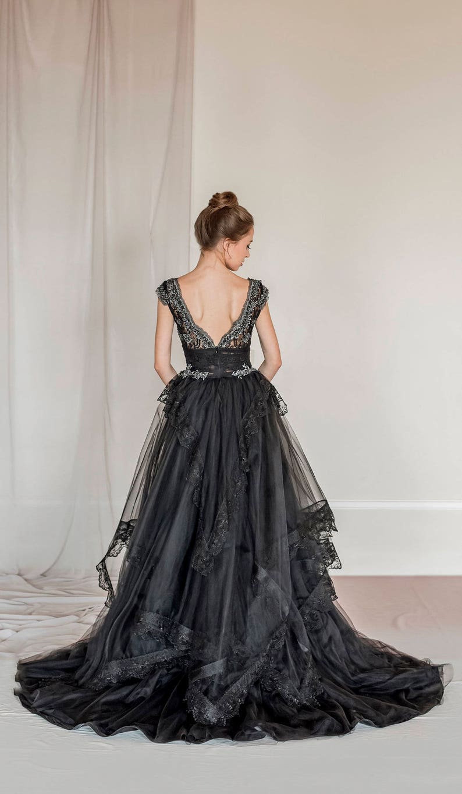 Black Tulle and Lace Evening Gown, Black Wedding Dress, Black Wedding ...