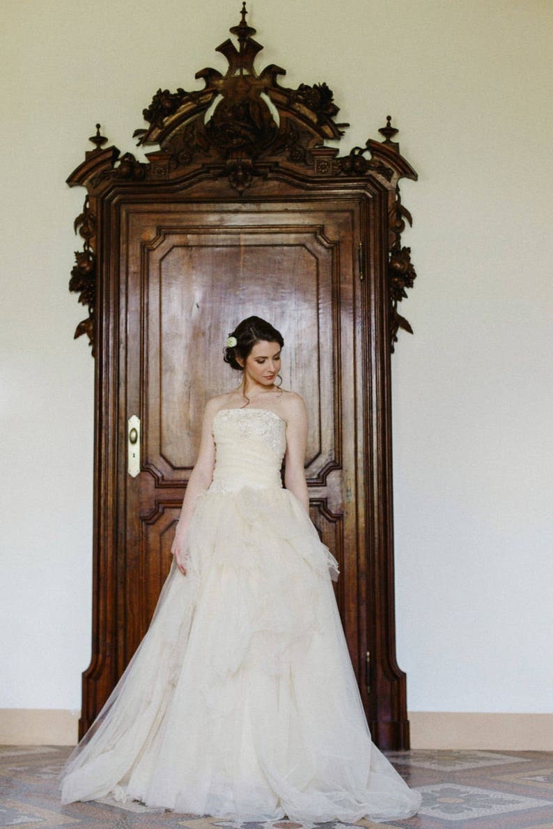 Champagne Wedding Dress In Tulle And Lace, Beige Strapless Wedding Dress, Lace And Tulle Wedding Gown, Corset Wedding Dress