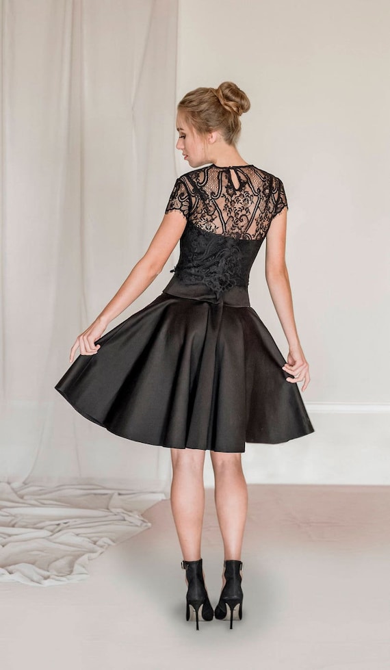 Traje de noche negro de piezas, vestido de graduación negro