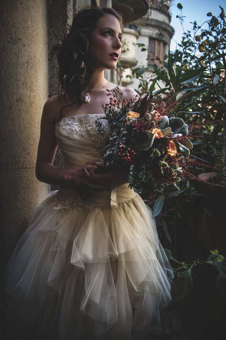 strapless champagne wedding dress Champagne Tulle Lace Elegant Wedding Dresses Strapless Bridal Gowns US8 / Custom Color