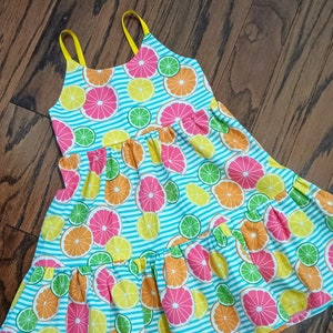 fruit dress, lemon dress, orange dress, lime dress, grapefruit dress, lemon, lime, orange, grapefruit, citrus dress, citrus fruit, size 5
