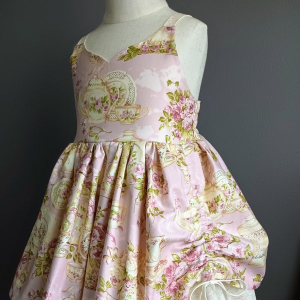 Tea Themed dress, Girl's tea dress, birthday dress, pink dress, Girl's birthday dress, sweetheart neck, vintage style dress, tea party