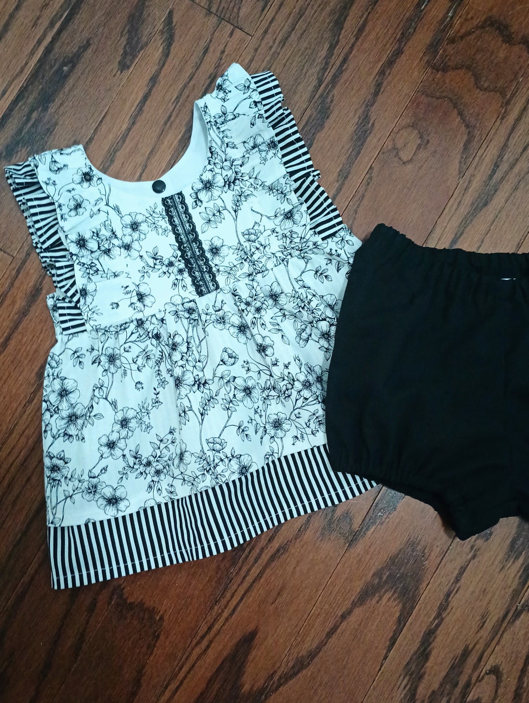 Stylish Girls Summer Set – Black 3D Flower Top with Red Floral Pants