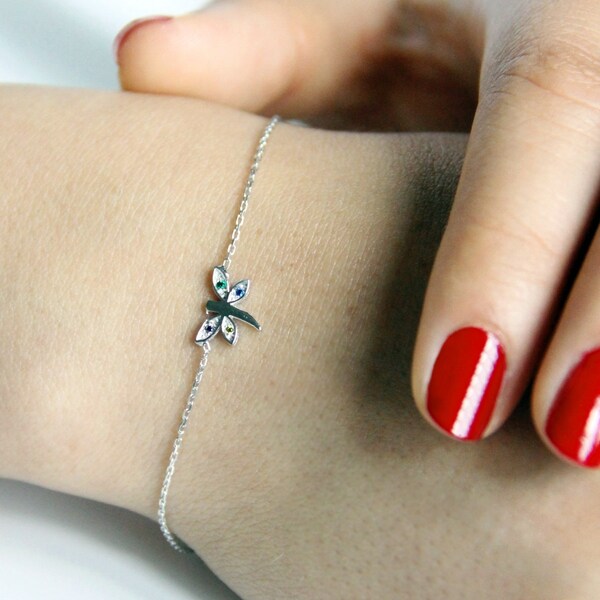 Colorful stoned dragonfly silver bracelet