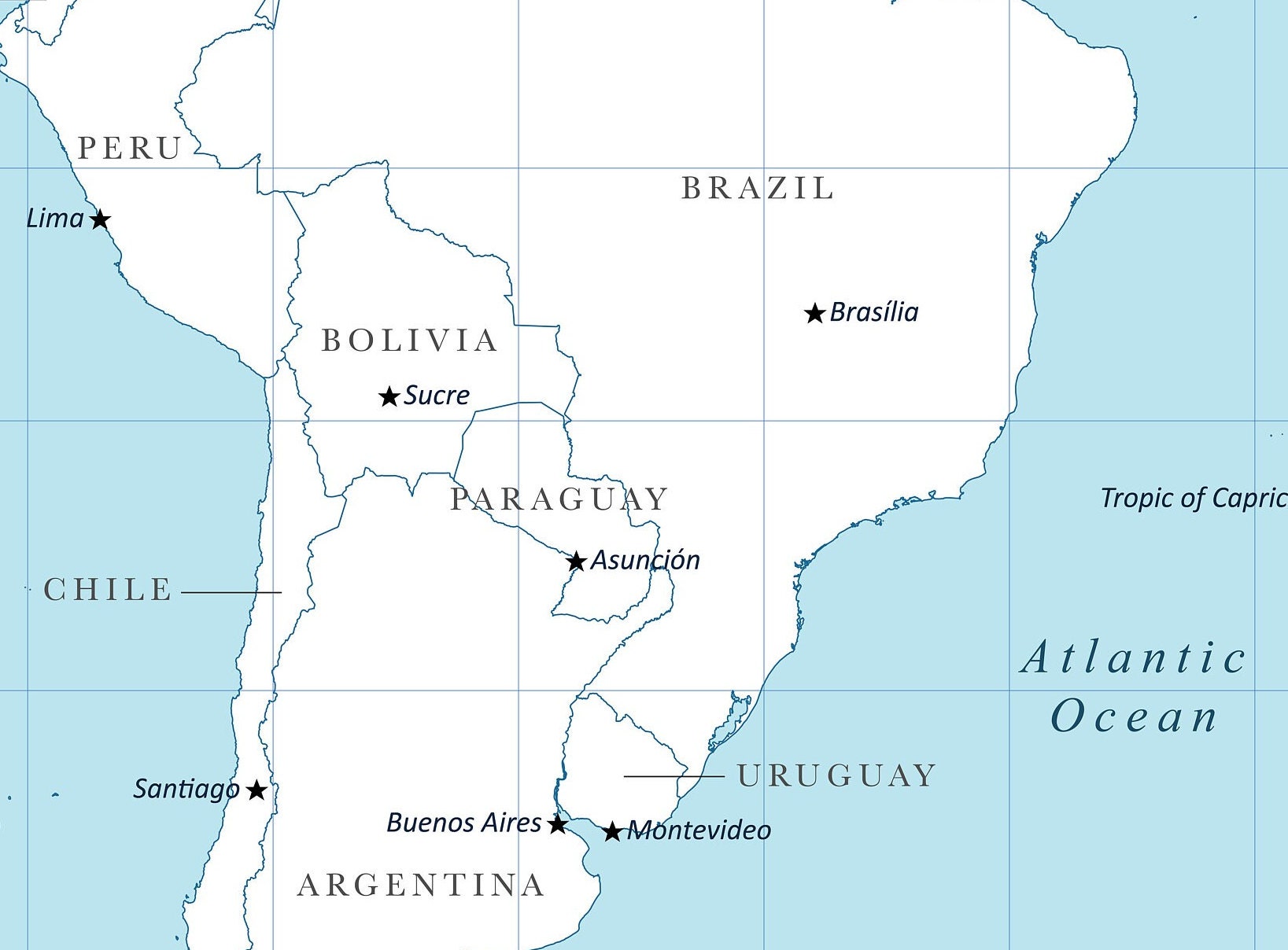 Detailed high resolution digital color map of South America with distinct country colors and capitals