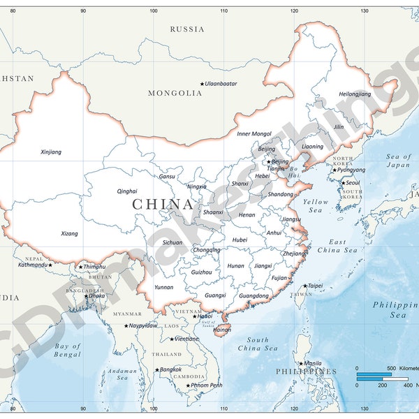 Digital map of China and Provinces of the People's Republic of China for download | High-Resolution map for self-printing