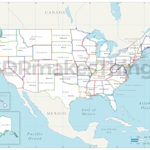 Digital political map of the United States of America, including all 50 states and state capitals | High-Resolution map for self-printing